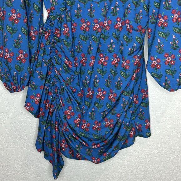 New Rhode Mina Draped Floral-Print Crepe de Chine Mini Dress Blue Small - Picture 5 of 14